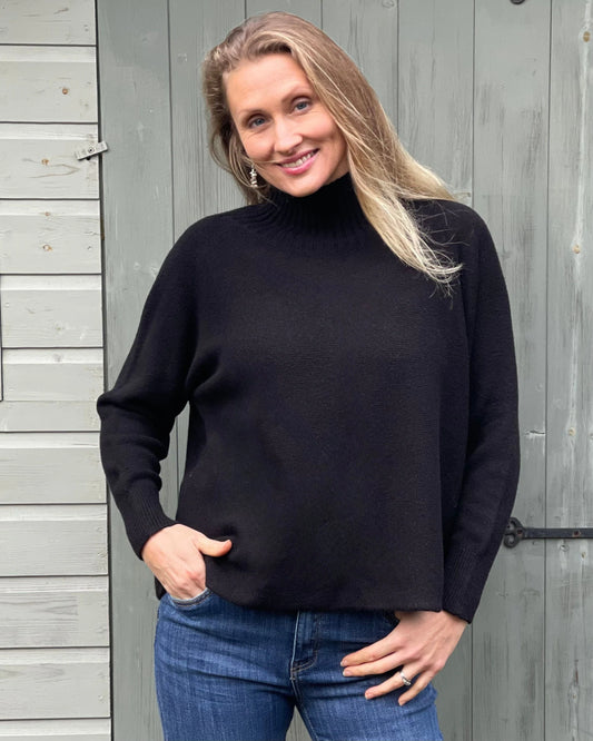 Clothing Funnel Neck Soft Knit Long Sleeve Jumper - Black
