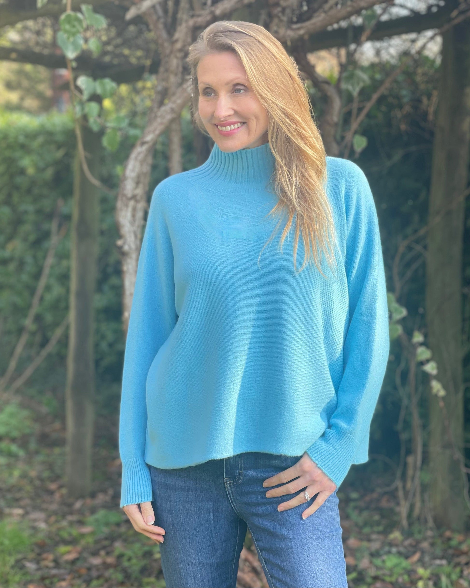 Clothing Funnel Neck Soft Knit Long Sleeve Jumper - Blue