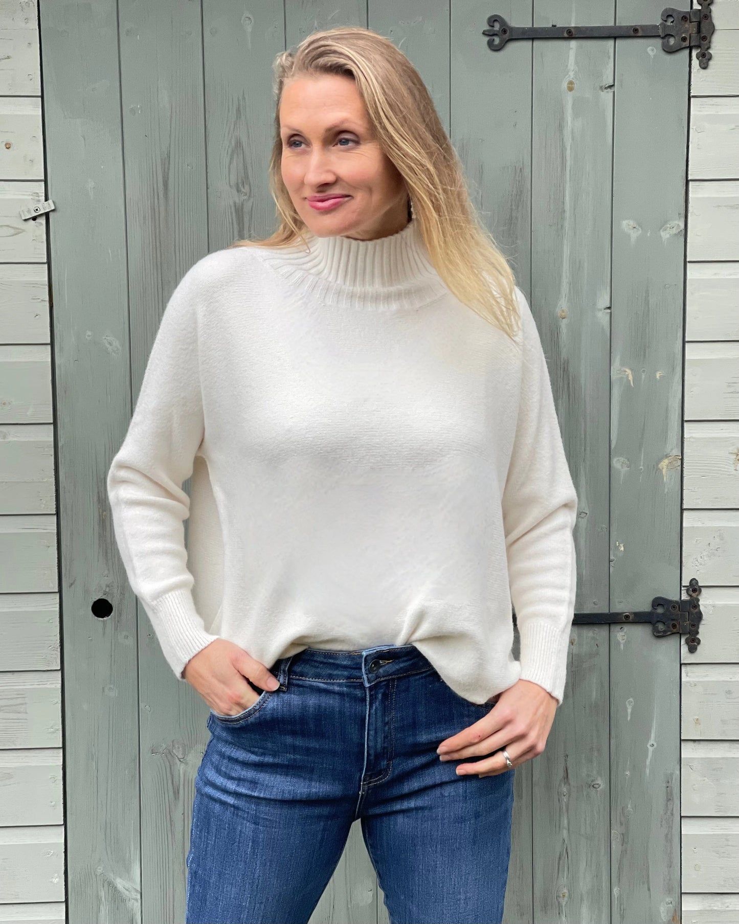Clothing Funnel Neck Soft Knit Long Sleeve Jumper - Cream