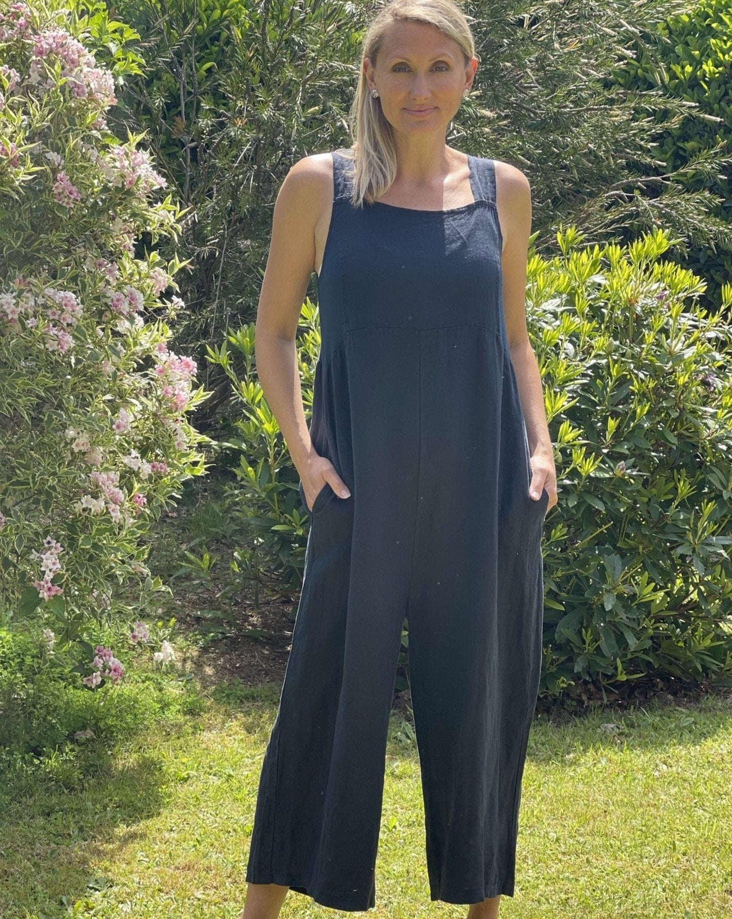 Linen Zip Back Dungarees - Navy Blue - LavenderLime