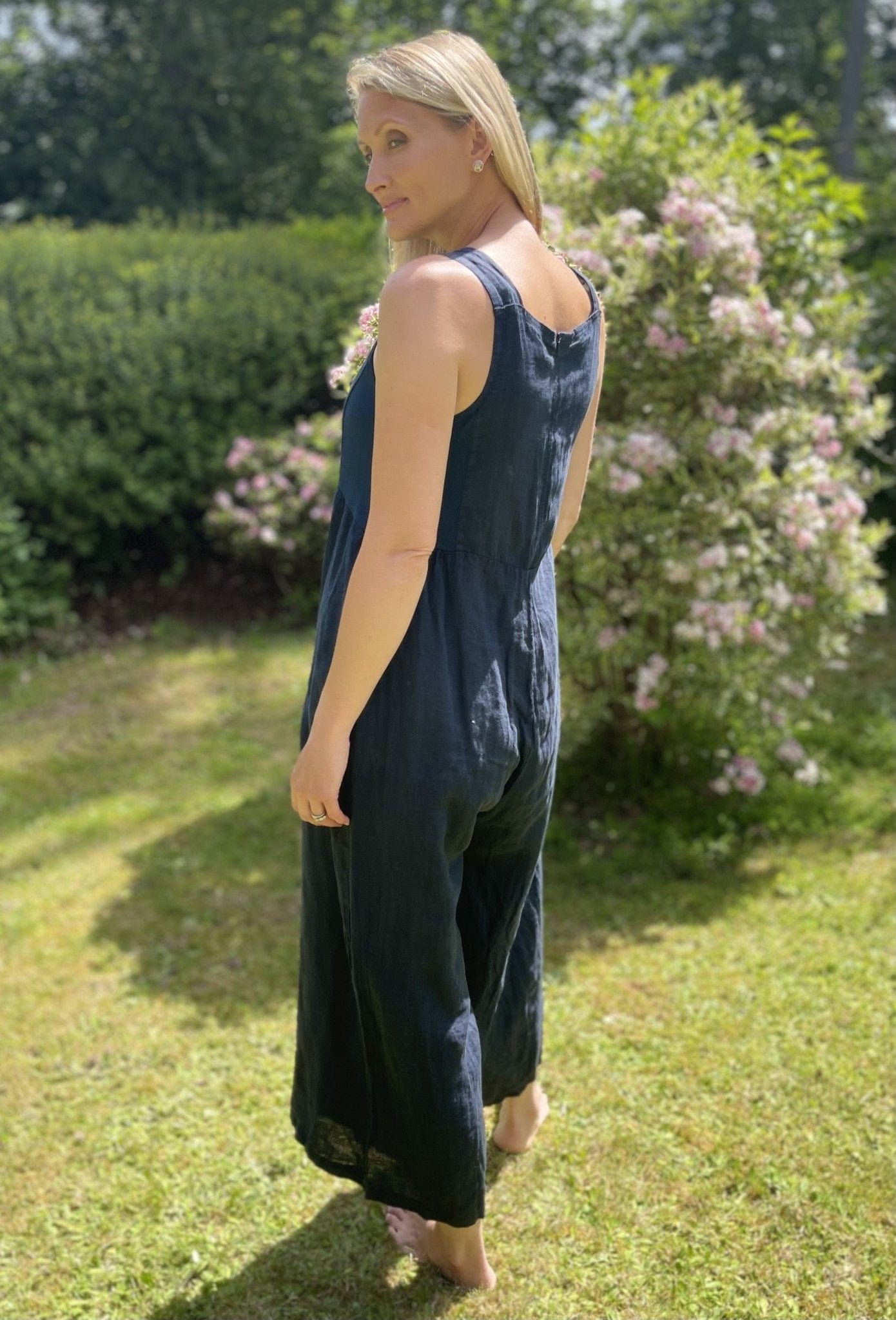 Linen Zip Back Dungarees - Navy Blue - LavenderLime