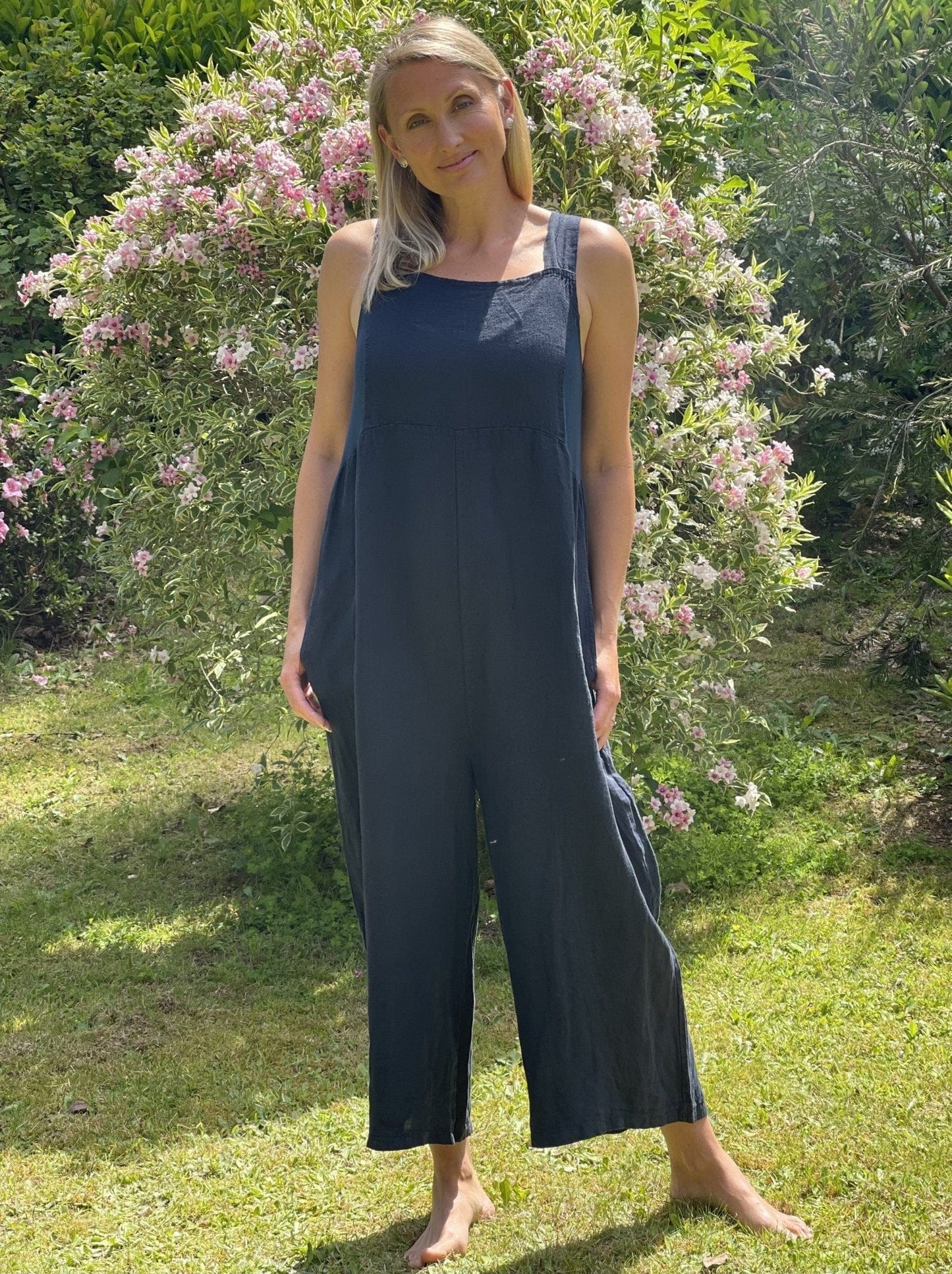 Linen Zip Back Dungarees - Navy Blue - LavenderLime