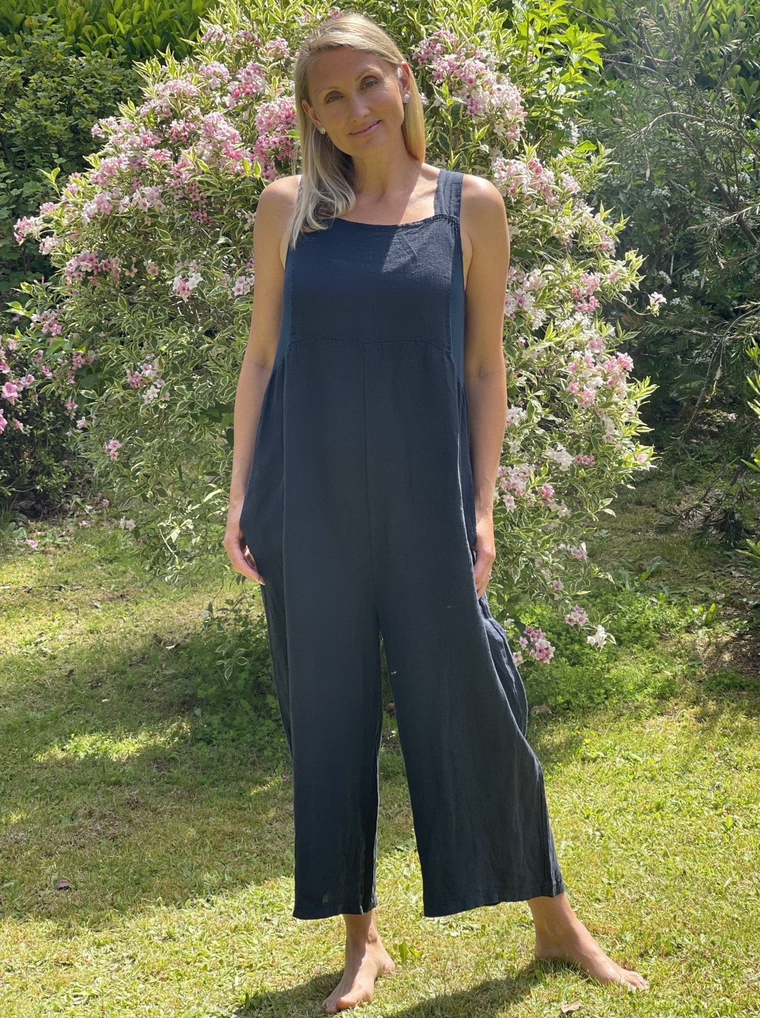 Linen Zip Back Dungarees - Navy Blue - LavenderLime