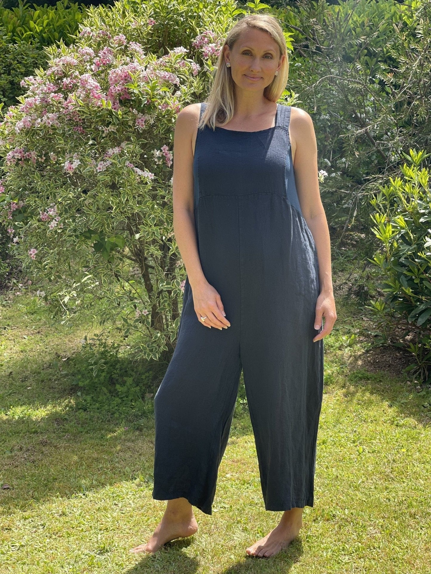 Linen Zip Back Dungarees - Navy Blue - LavenderLime