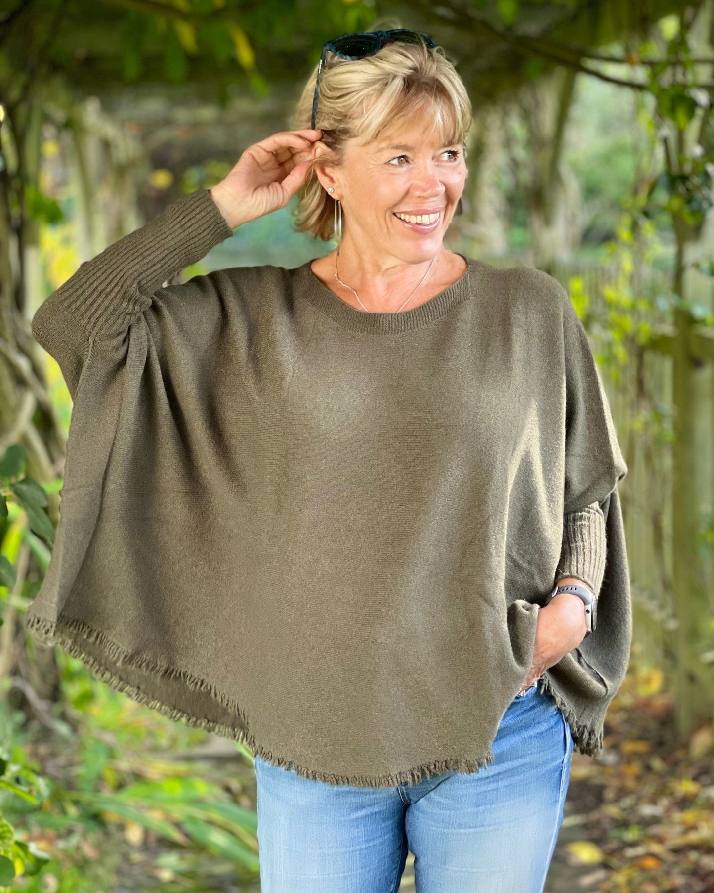 clothing Slash Neck Fringed Poncho Jumper - Khaki