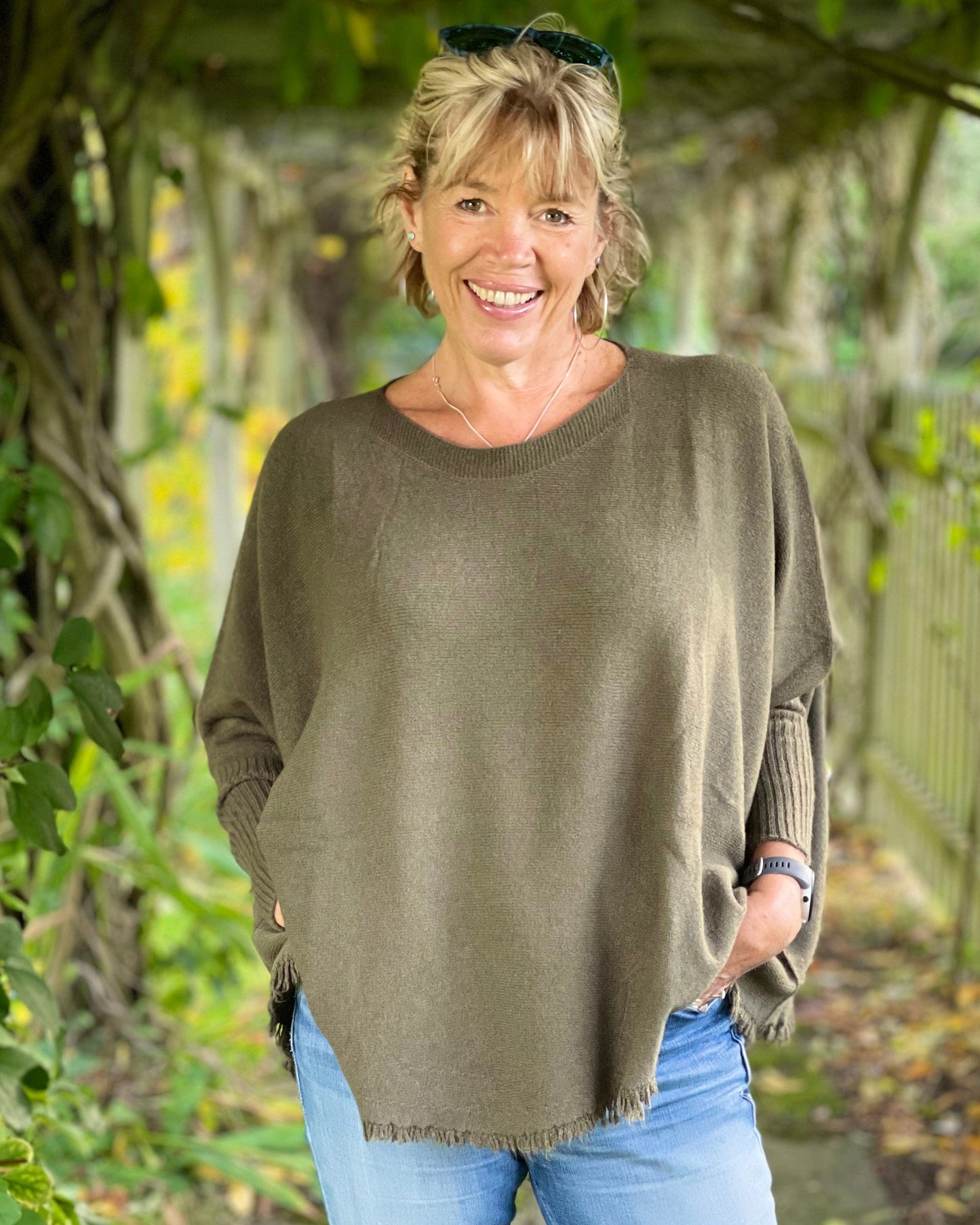 clothing Slash Neck Fringed Poncho Jumper - Khaki