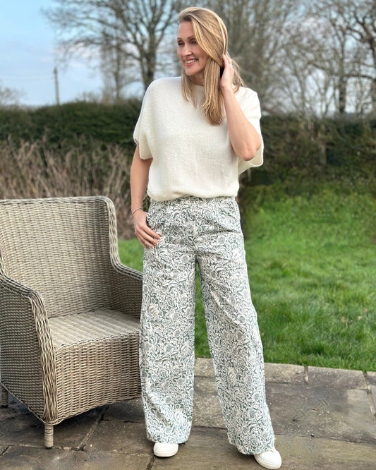 Cotton Floral Pattern Wide Leg Trousers - Green