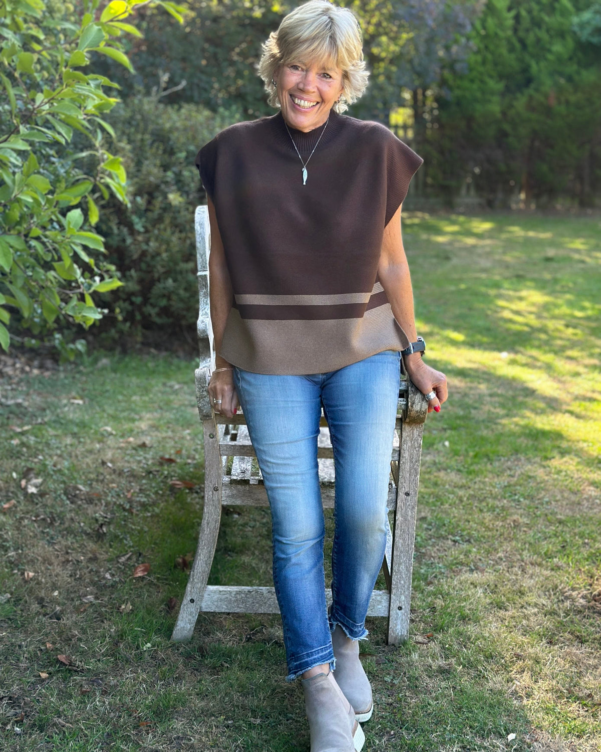 Sleeveless Turtleneck Block Print Jumper - Chocolate