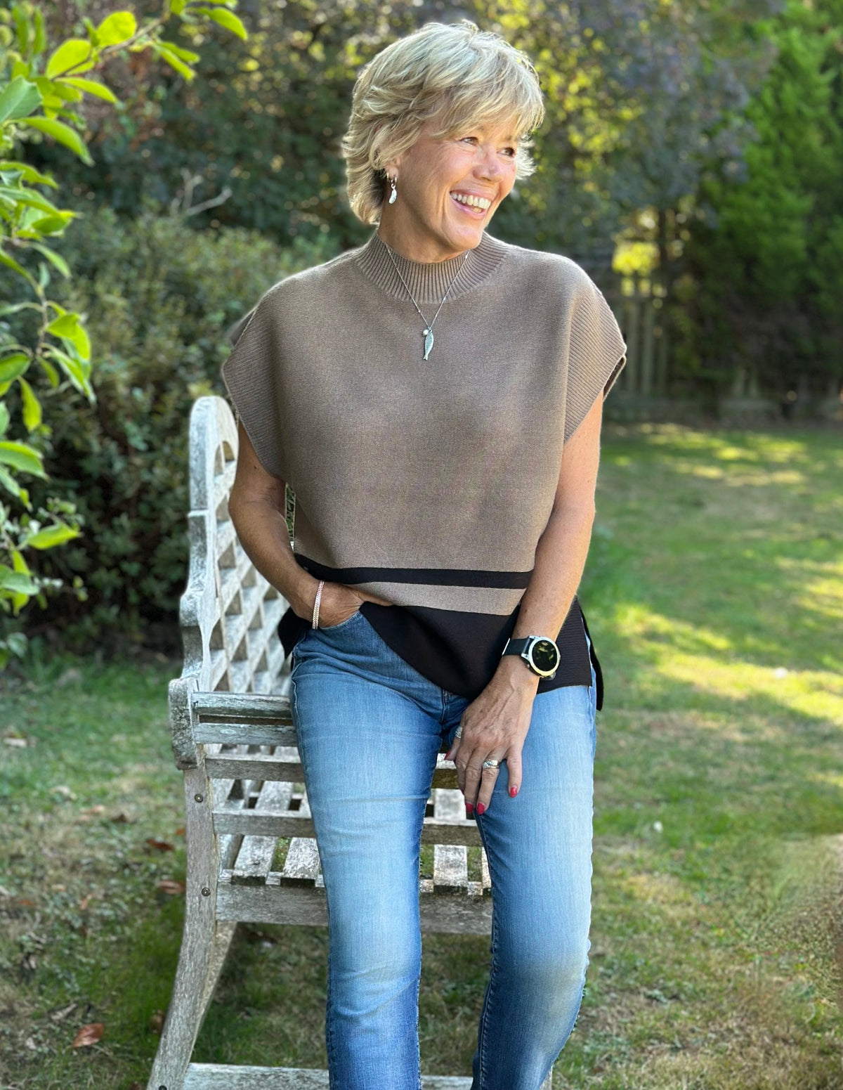 Sleeveless Turtleneck Block Print Jumper - Mink