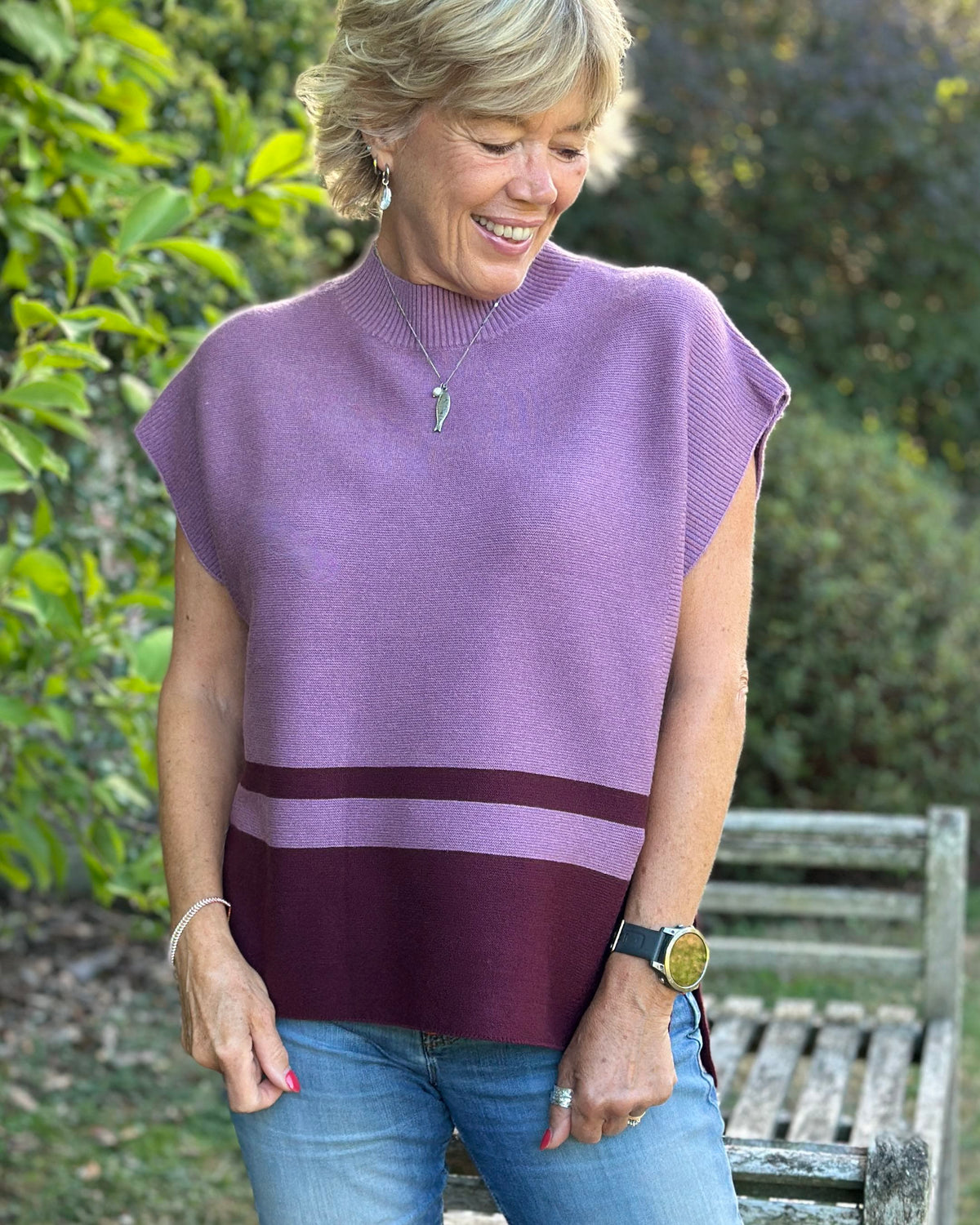 Sleeveless Turtleneck Block Print Jumper - Heather