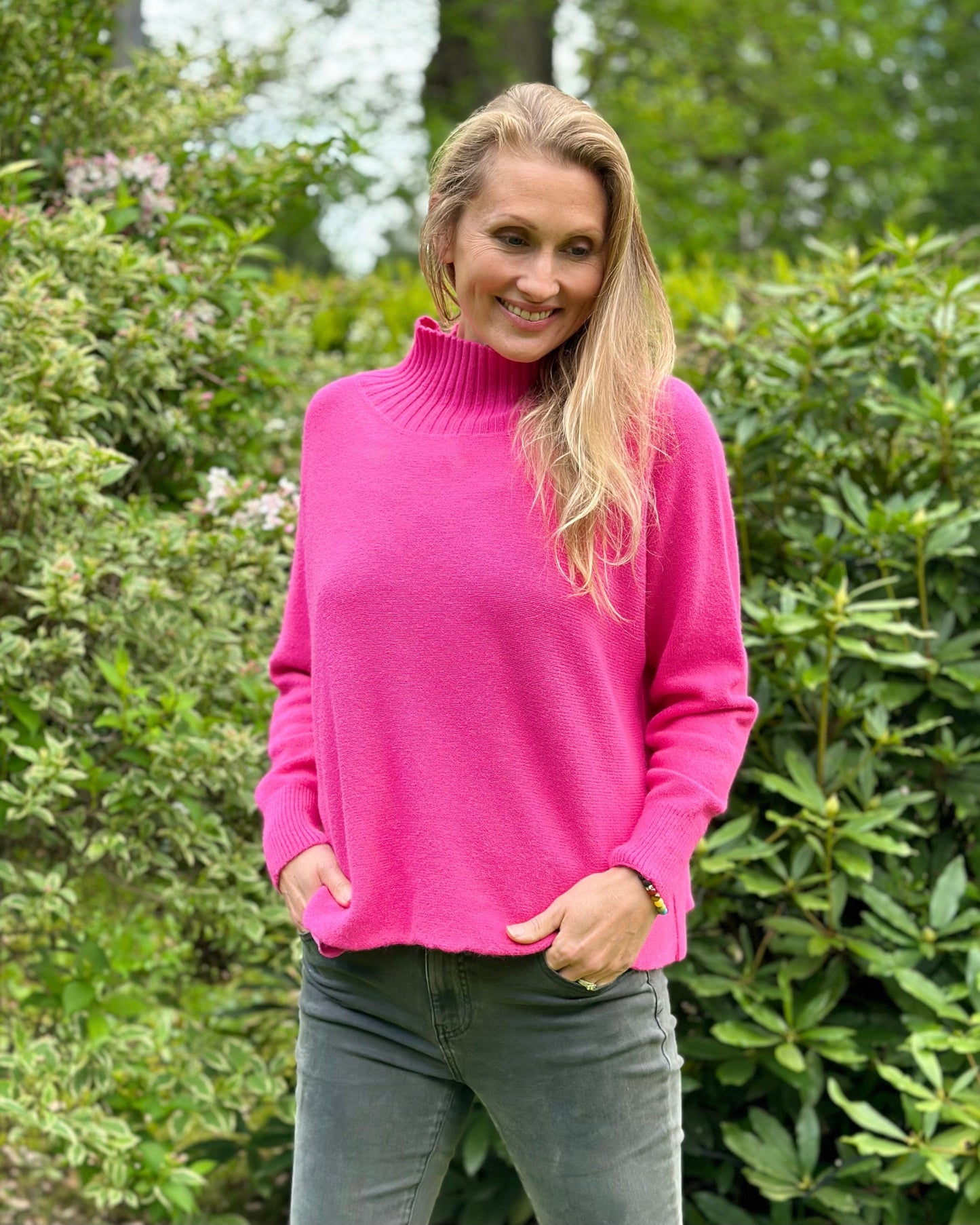 Clothing Funnel Neck Soft Knit Long Sleeve Jumper - Fuchsia