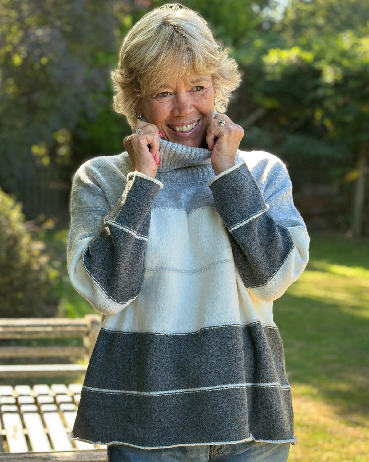 Colour Block Roll Neck Jumper - Grey