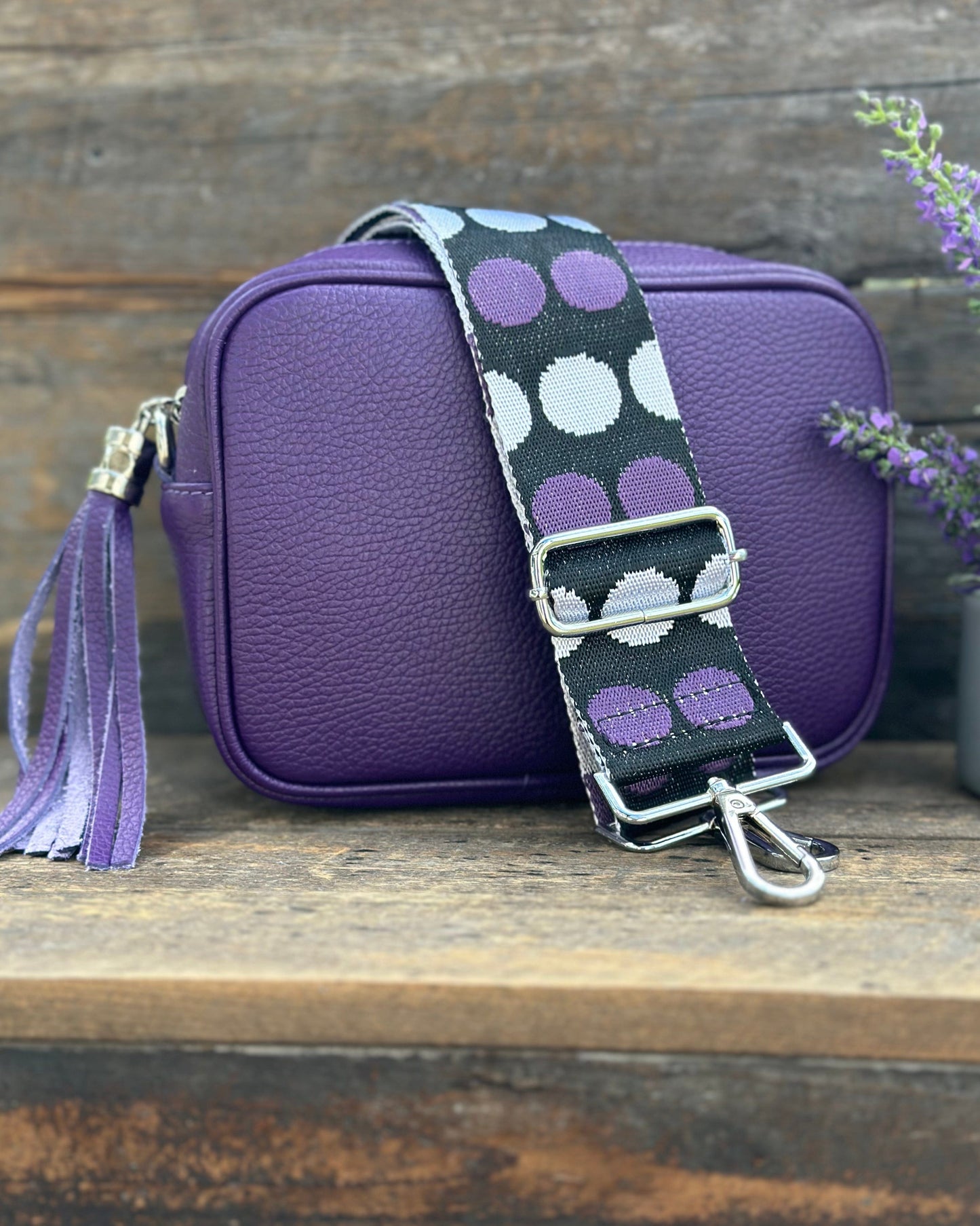 accessory Bag Strap -  Purple And White Dot Print