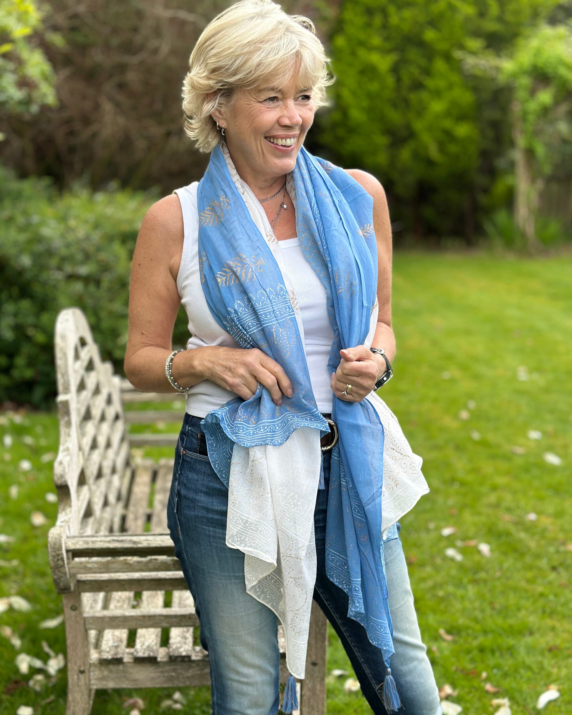 accessory Cotton Block Print Scarf - Blue/White