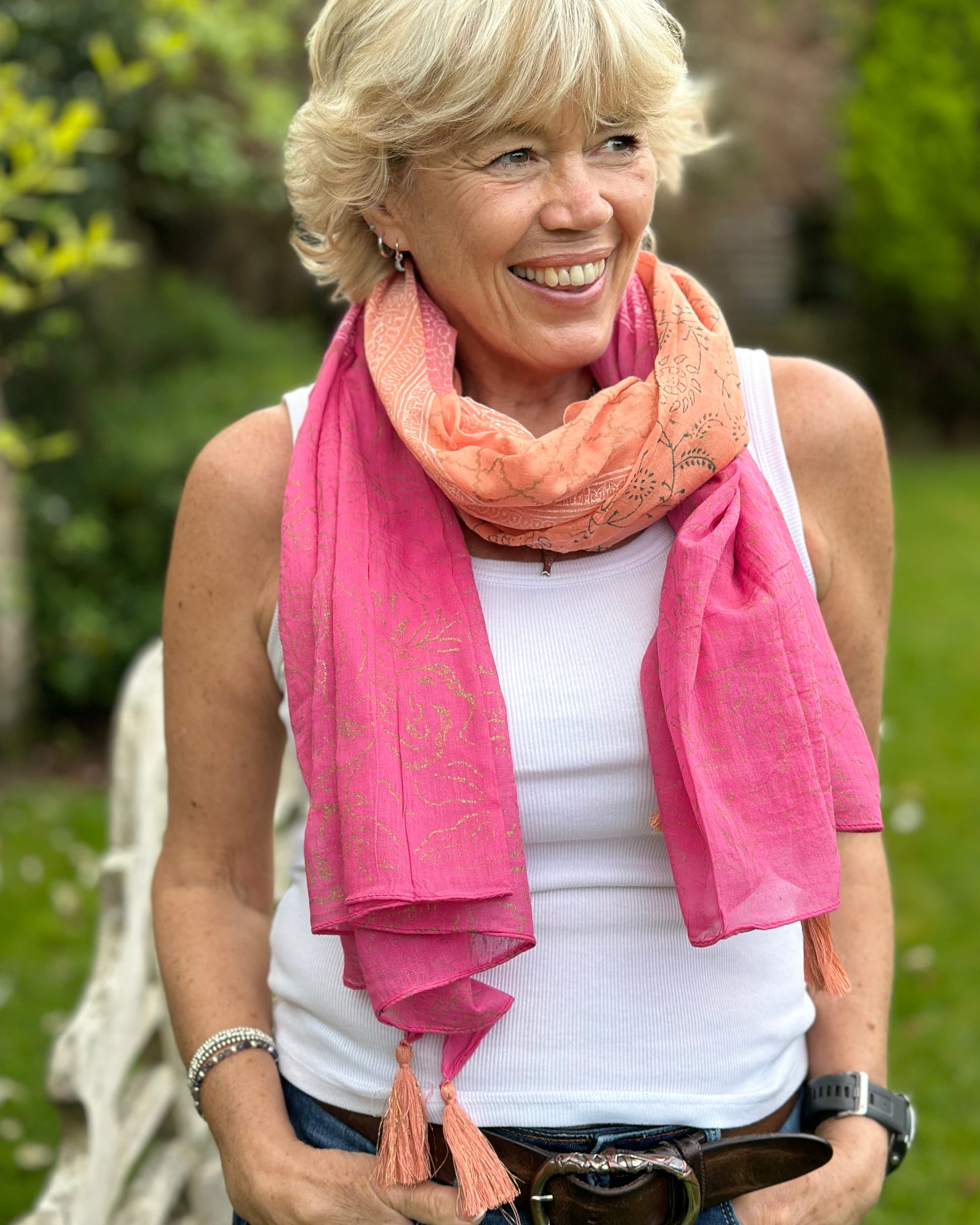 accessory Cotton Block Print Scarf - Fuchsia/Orange