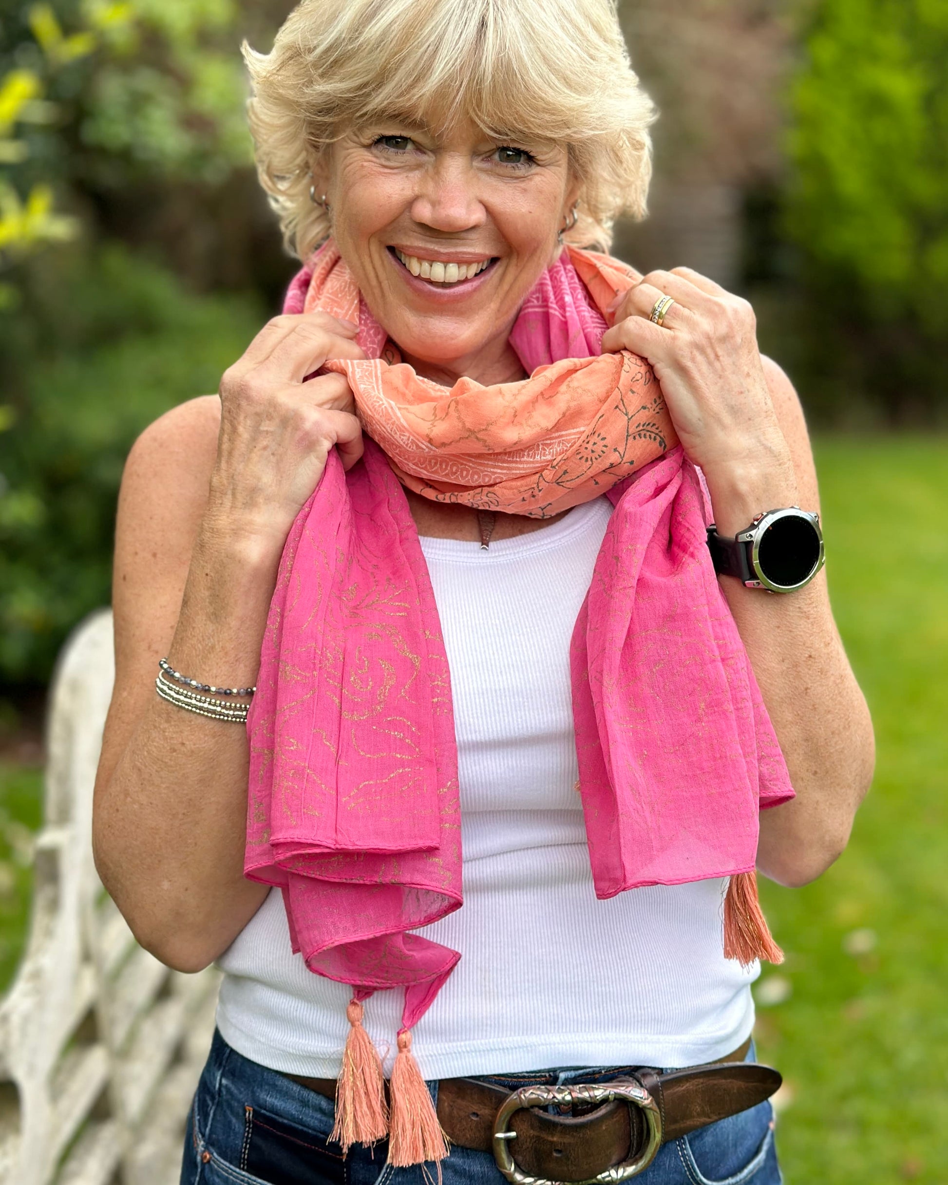 accessory Cotton Block Print Scarf - Fuchsia/Orange