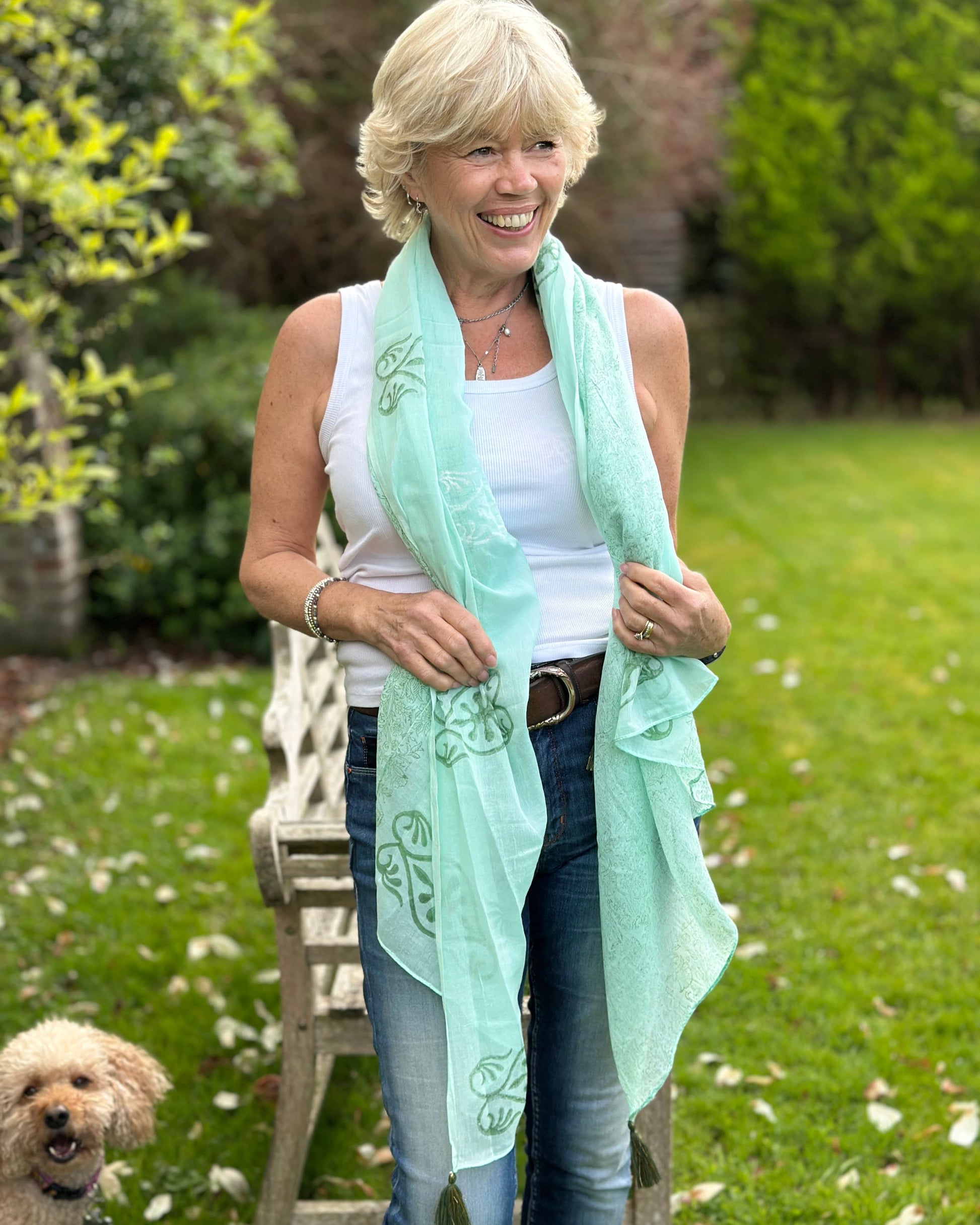 accessory Cotton Block Print Scarf - Pale Green Flowers