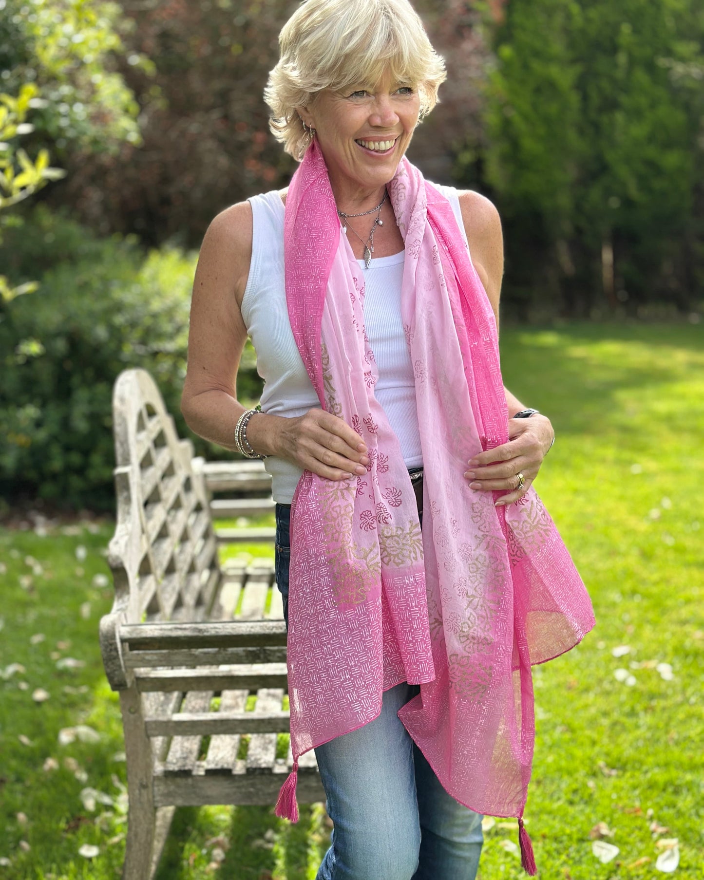 accessory Cotton Block Print Scarf - Pink/Fuchsia