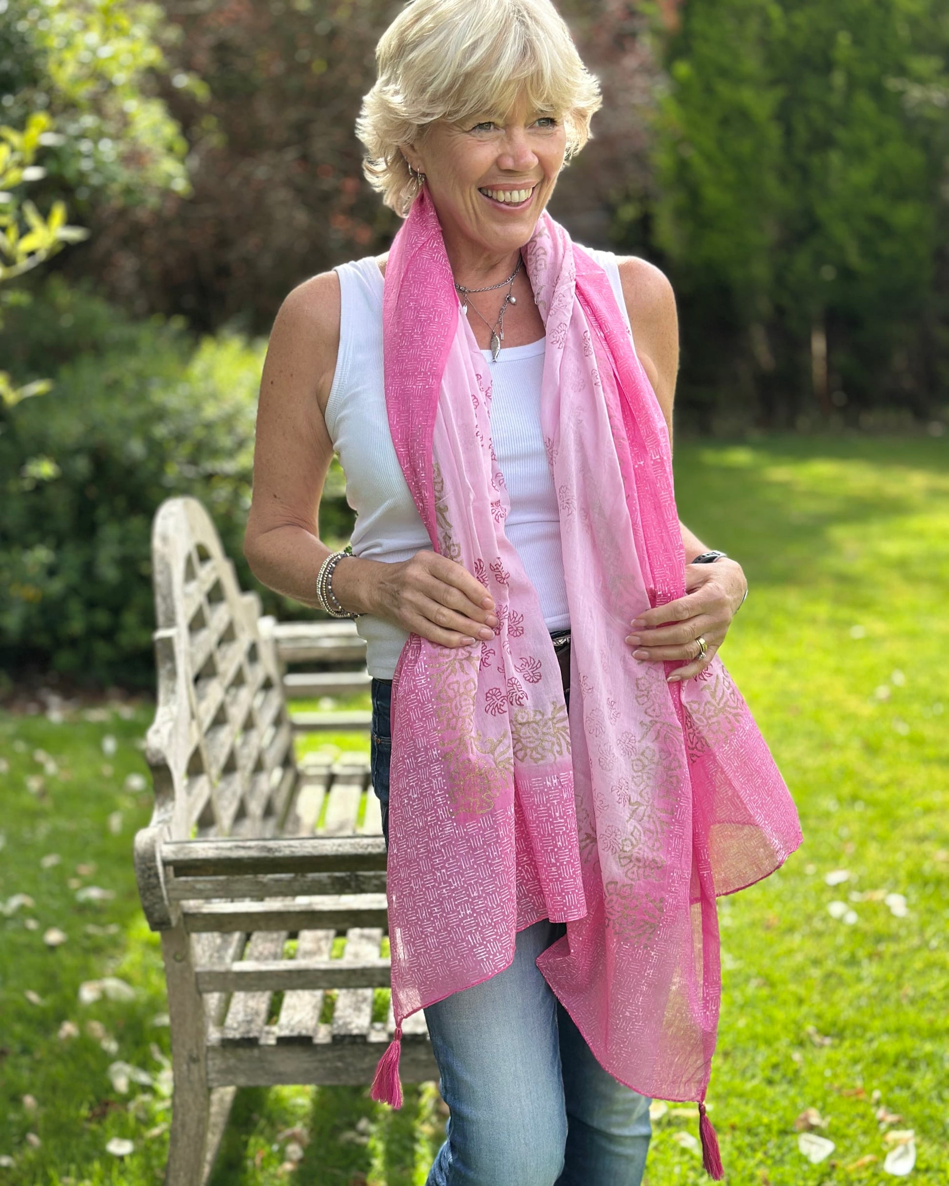 accessory Cotton Block Print Scarf - Pink/Fuchsia