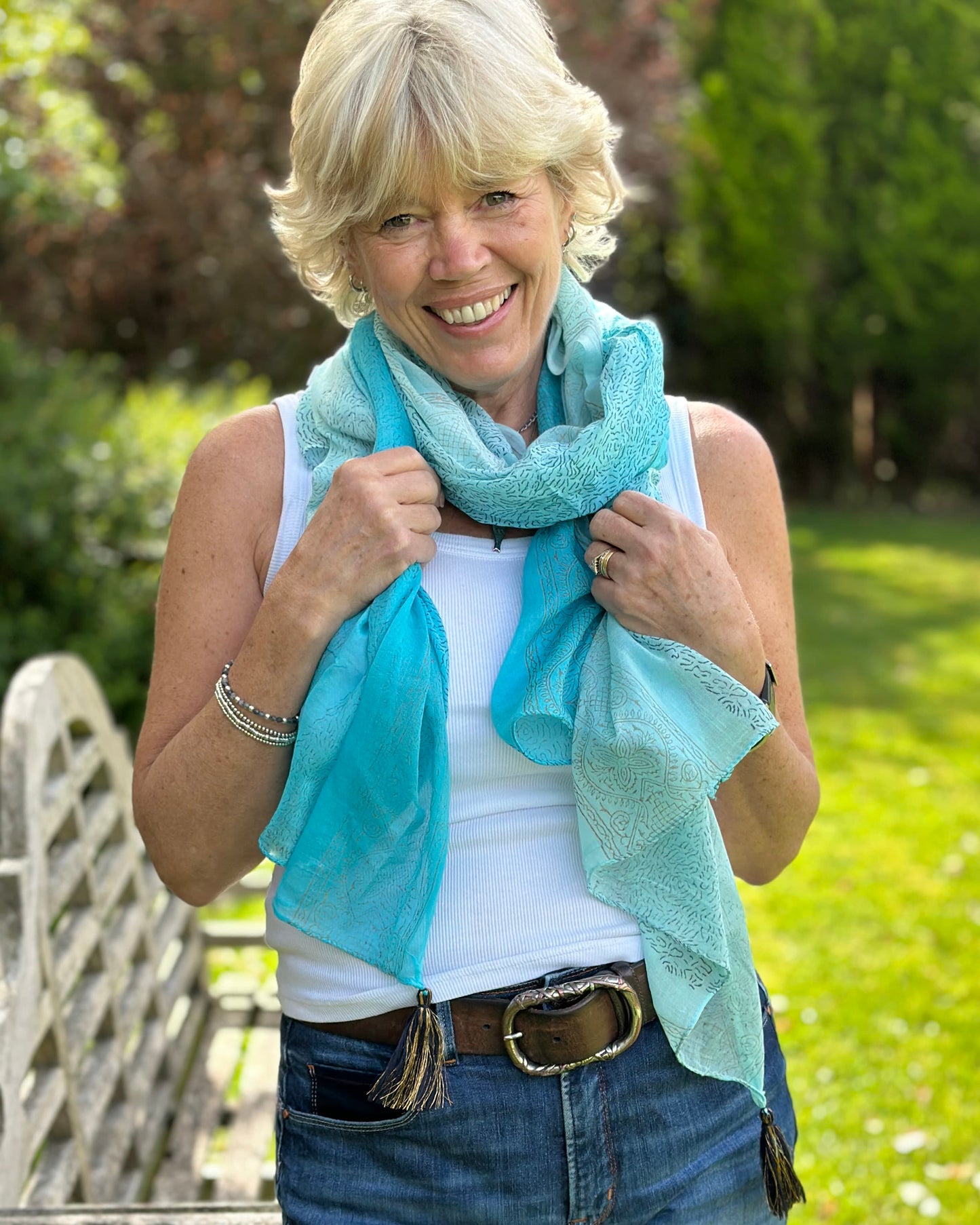 accessory Cotton Block Print Scarf - Turquiose/Navy tassels