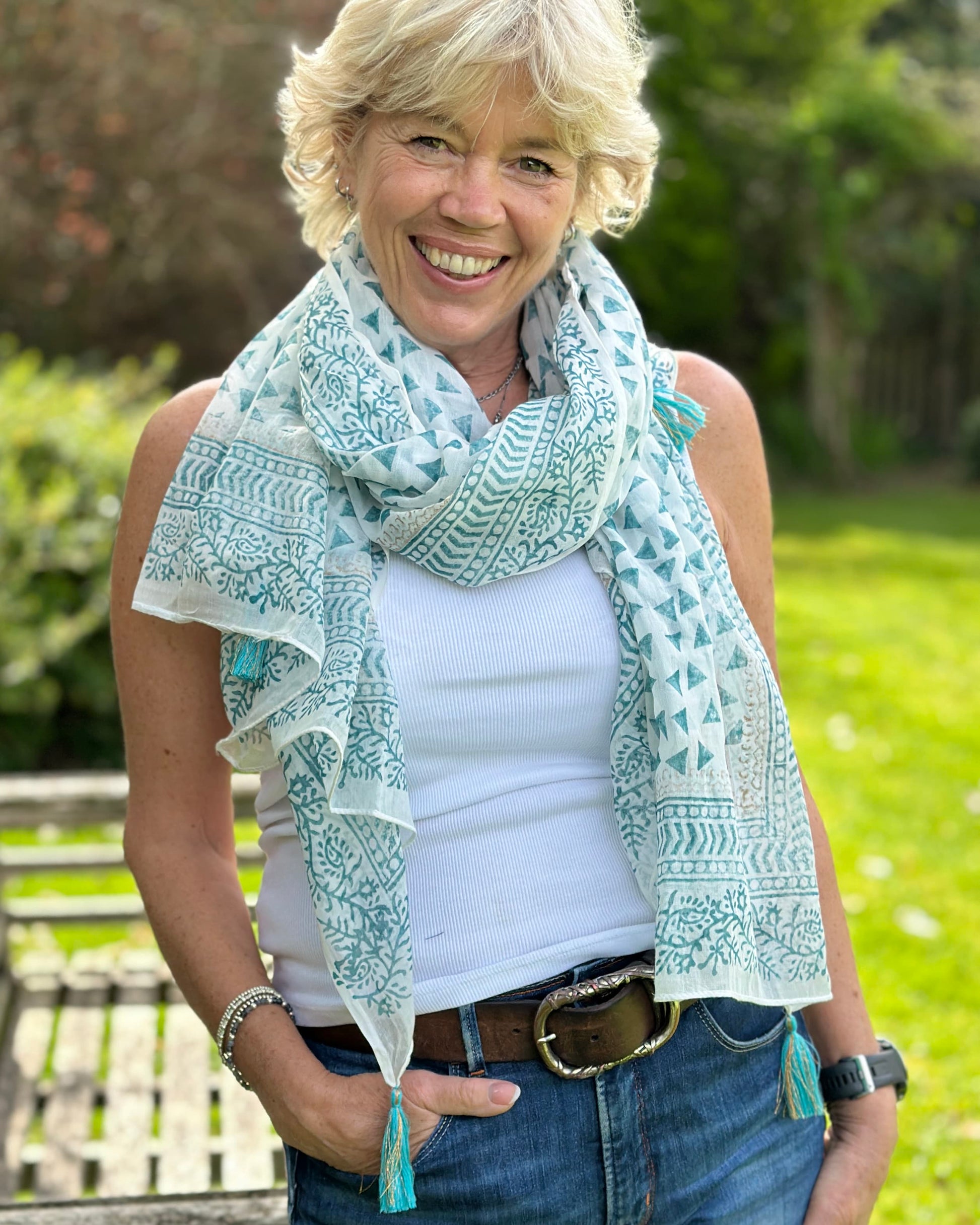 accessory Cotton Block Print Scarf - White/Green
