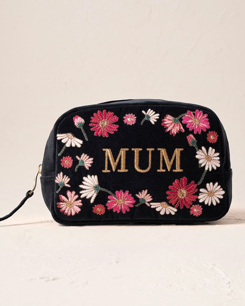 accessory Embroidered 'MUM' Wildflower Velvet Make Up Bag - Charcoal