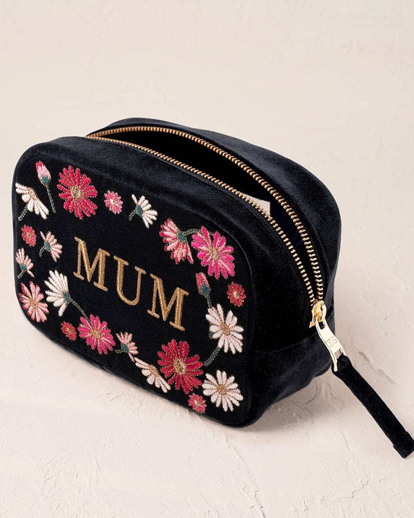 accessory Embroidered 'MUM' Wildflower Velvet Make Up Bag - Charcoal