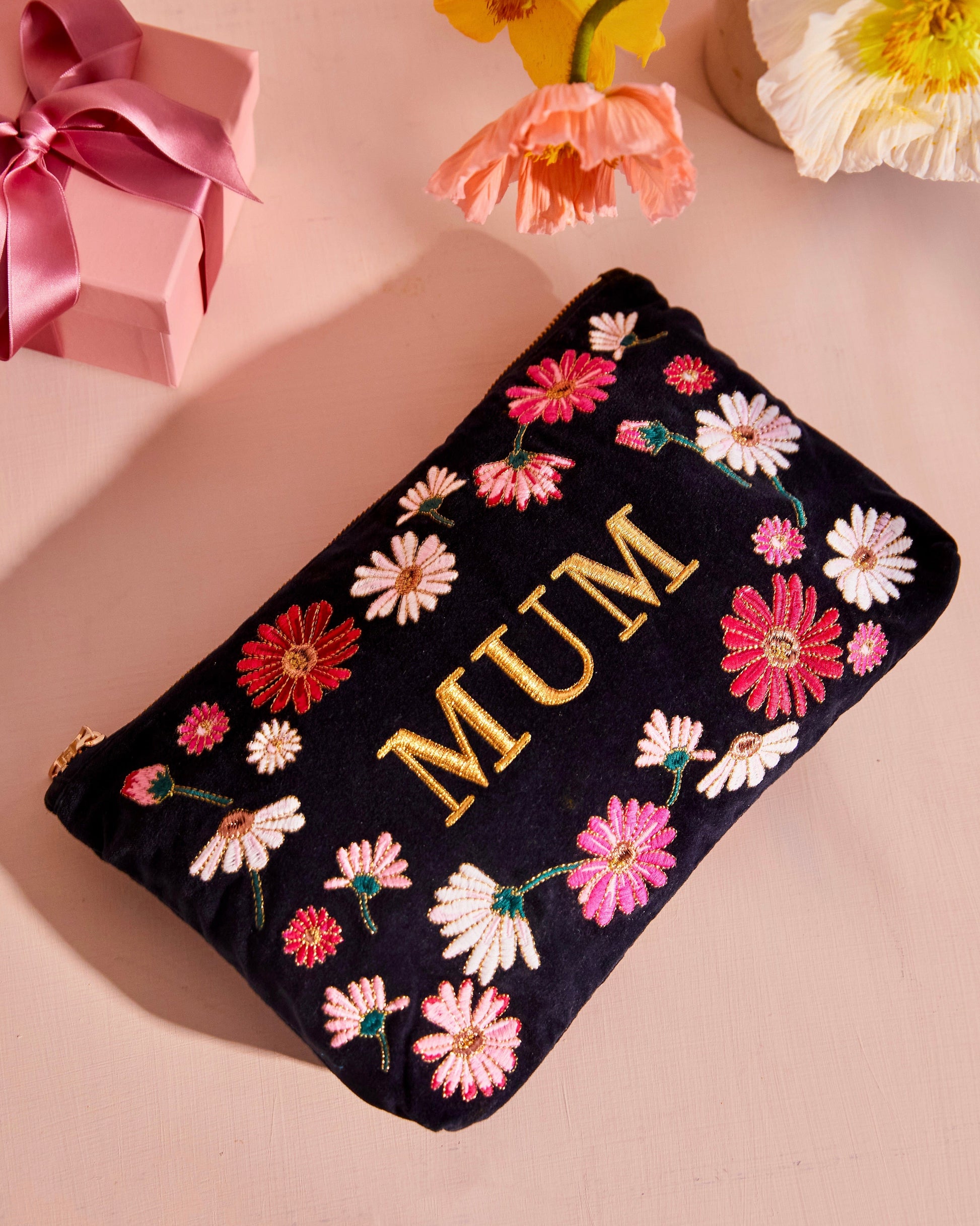 accessory Embroidered 'MUM' Wildflowers Velvet Everyday Bag - Charcoal