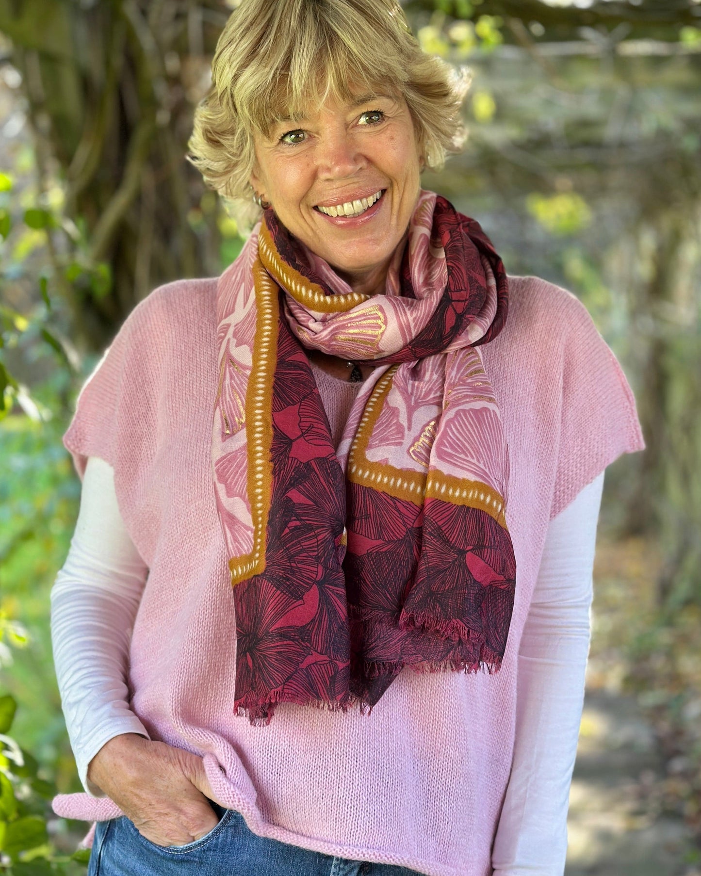 accessory Floral Print Large Fringed Scarf - Gingko Leaves