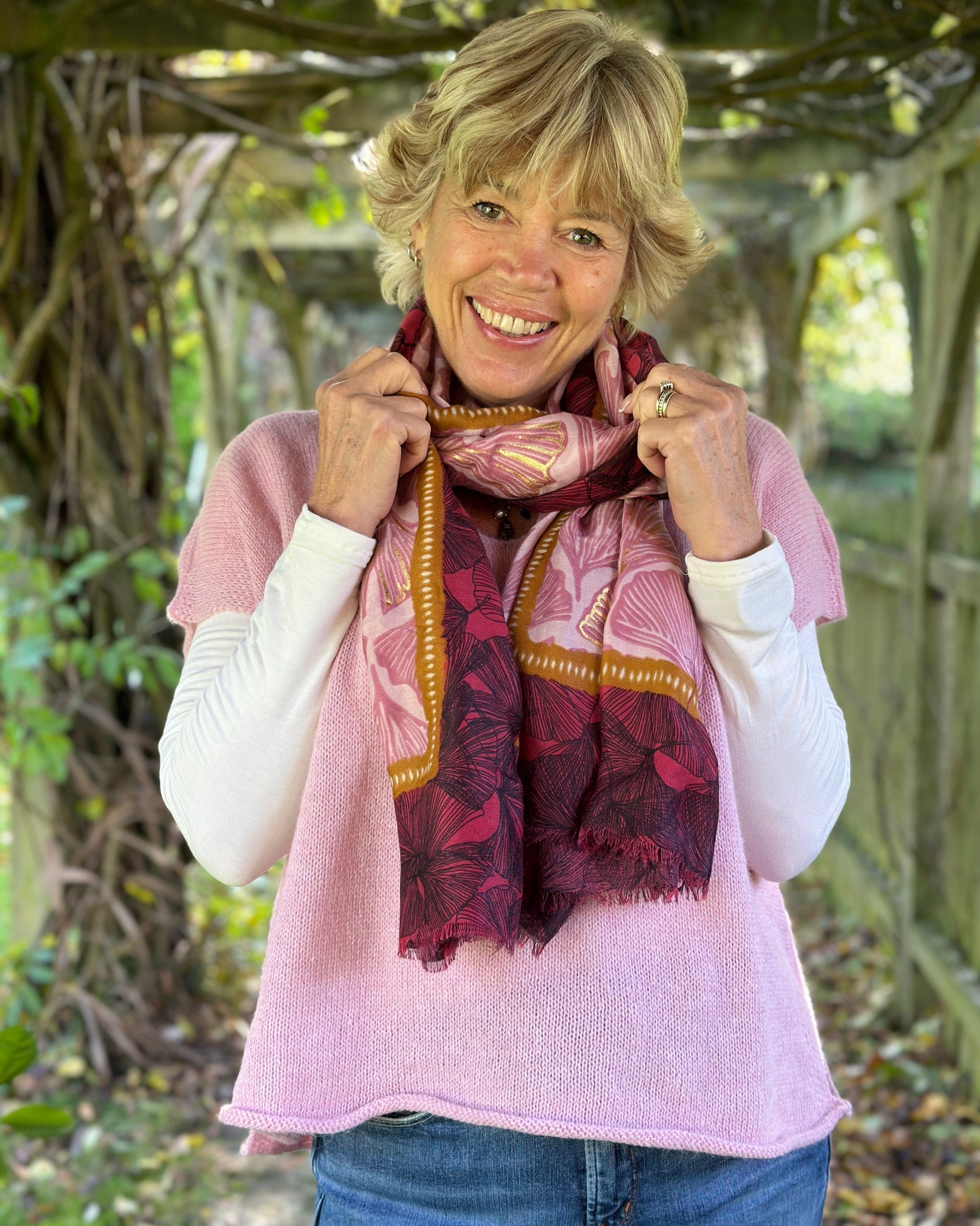 accessory Floral Print Large Fringed Scarf - Gingko Leaves