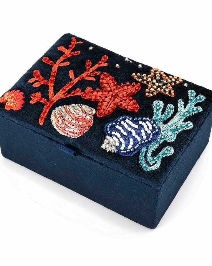 accessory Navy Velvet Embellished Sealife Jewellery Box