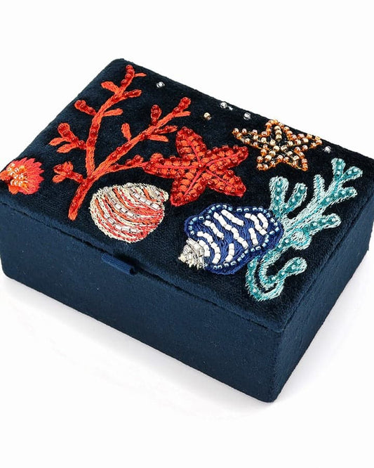 accessory Navy Velvet Embellished Sealife Jewellery Box