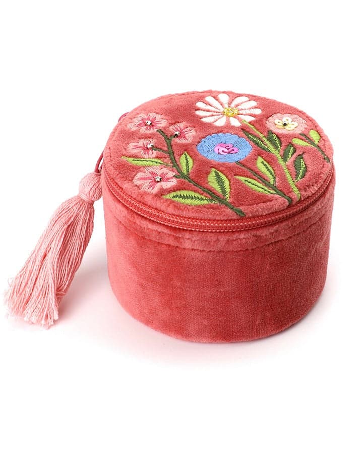 accessory Salmon Pink Embroidered Flowers Jewellery Box