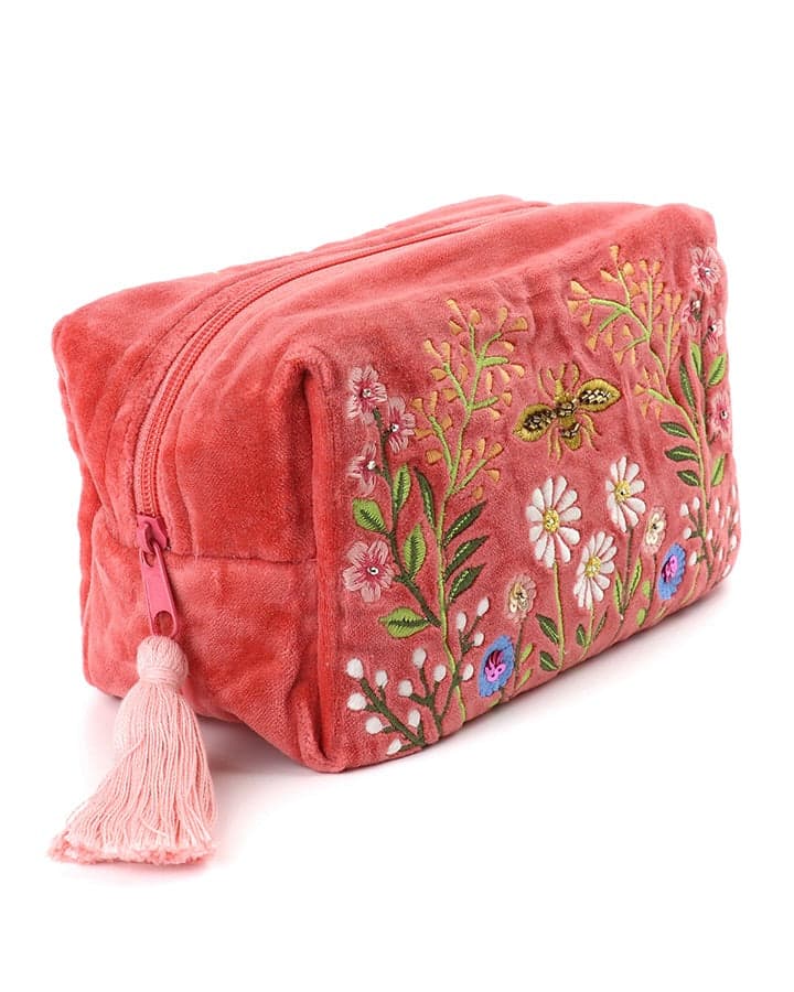 accessory Salmon Pink Velvet Meadow Flowers Make Up Bag