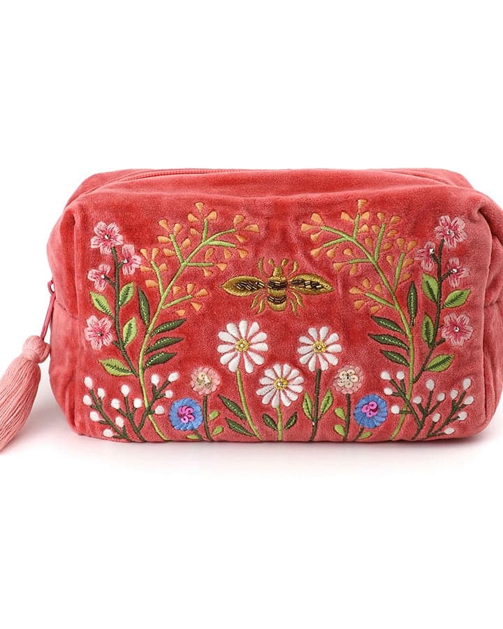 accessory Salmon Pink Velvet Meadow Flowers Make Up Bag