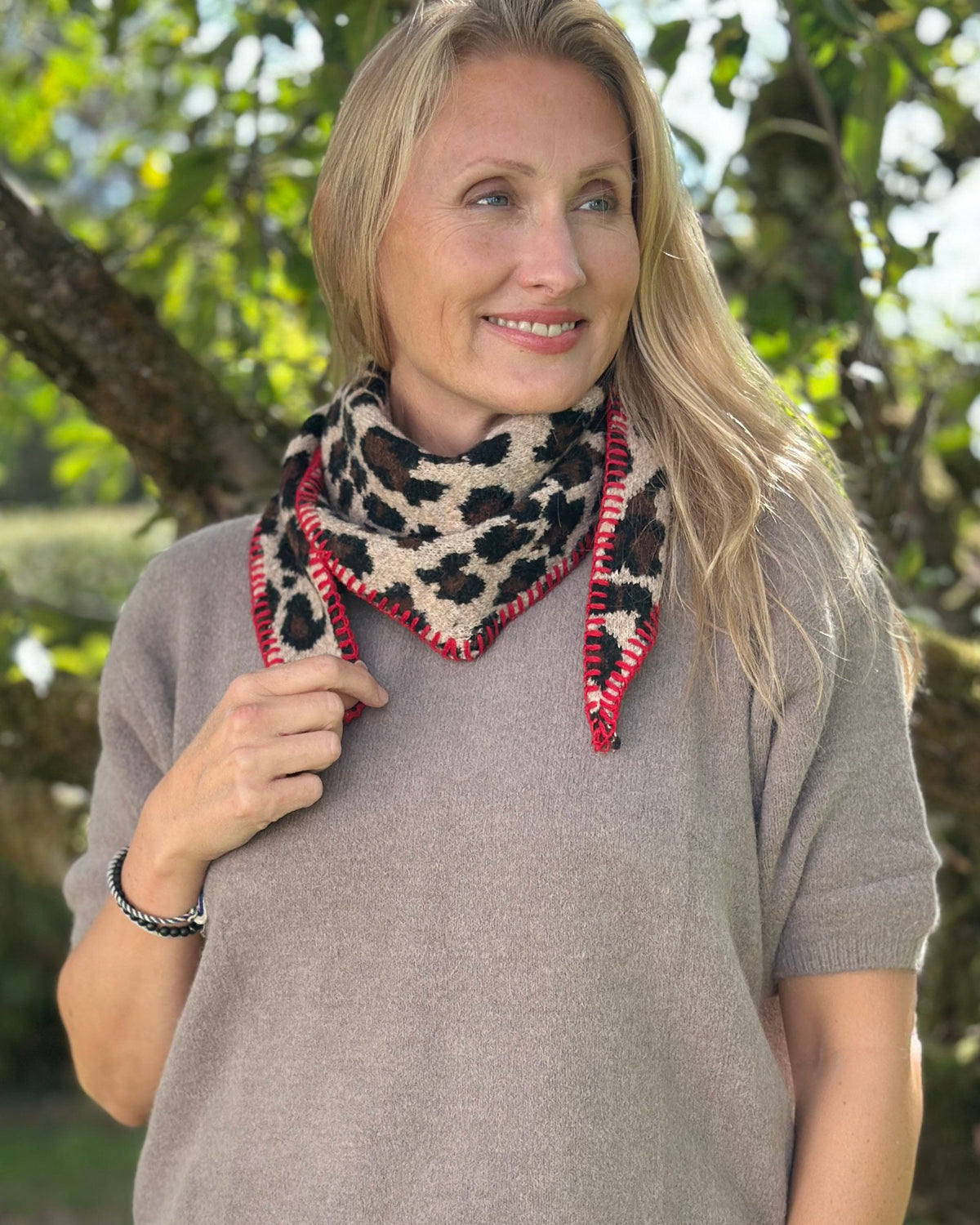 accessory Super Soft Triangle Scarf - Animal Print/Red Stitch
