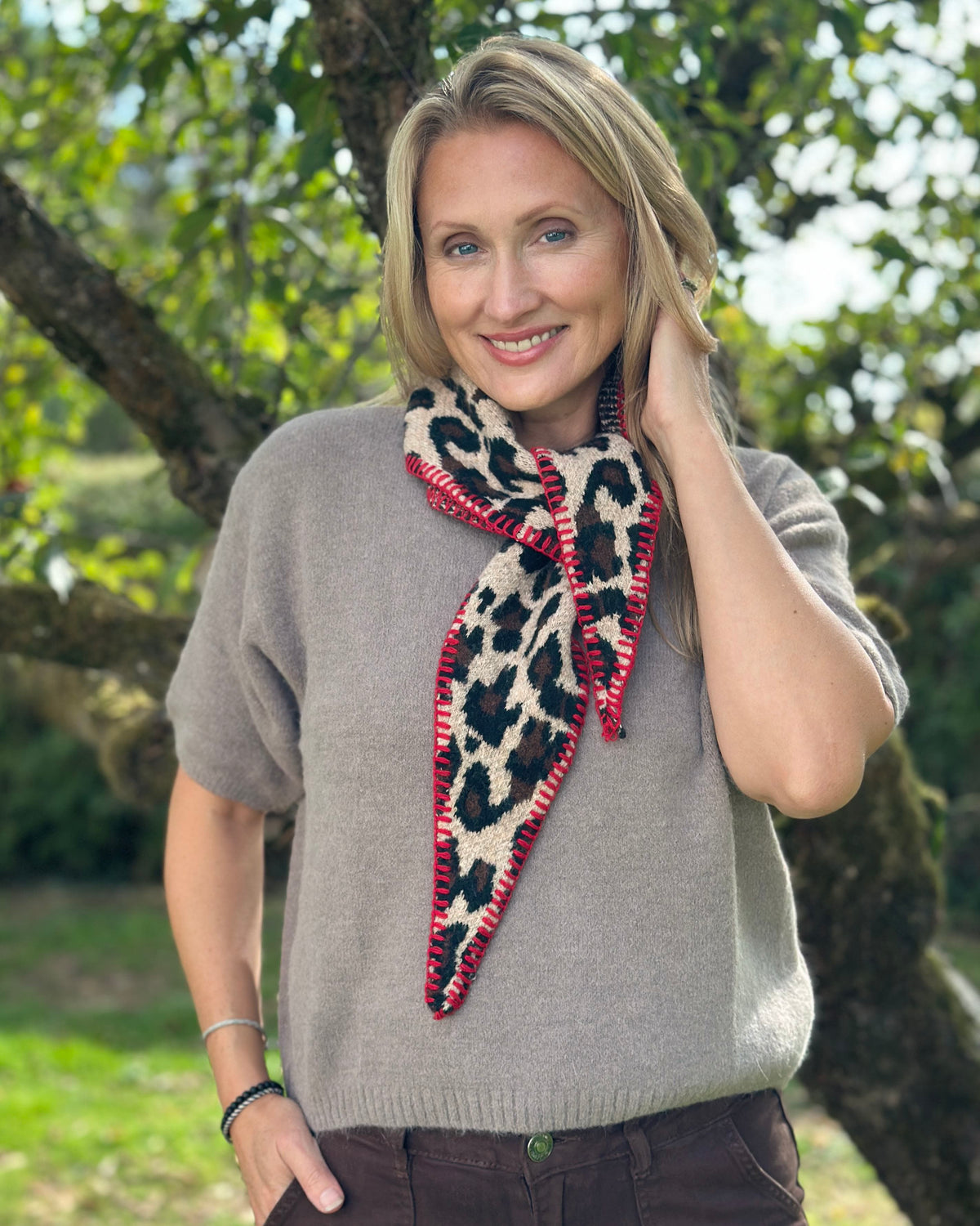 accessory Super Soft Triangle Scarf - Animal Print/Red Stitch