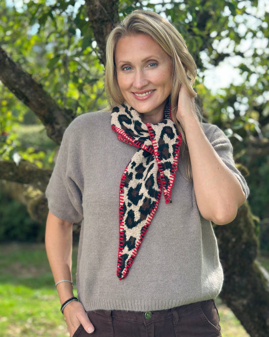 accessory Super Soft Triangle Scarf - Animal Print/Red Stitch