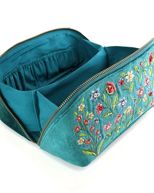 accessory Teal Velvet Meadow Flowers Fold-out Make Up Bag