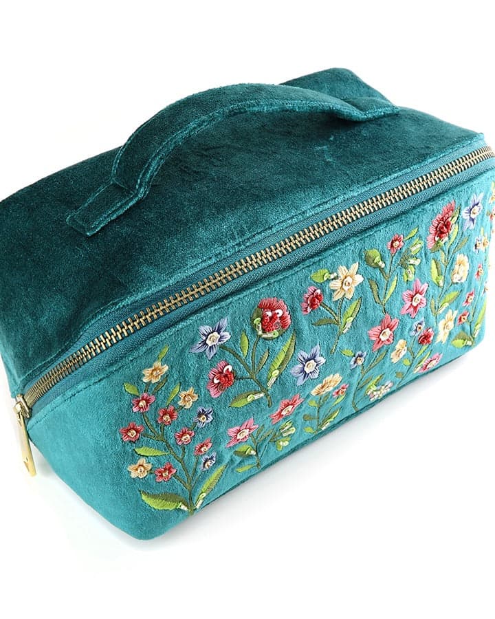 accessory Teal Velvet Meadow Flowers Fold-out Make Up Bag