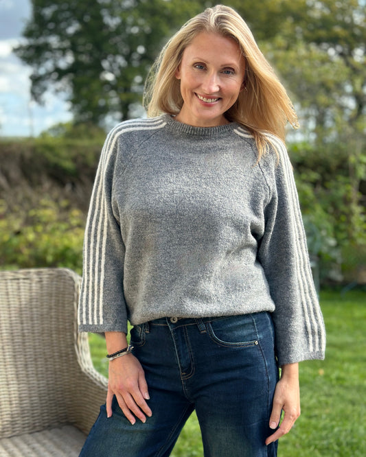 Alpaca Mix Stripe Sleeve Jumper - Grey
