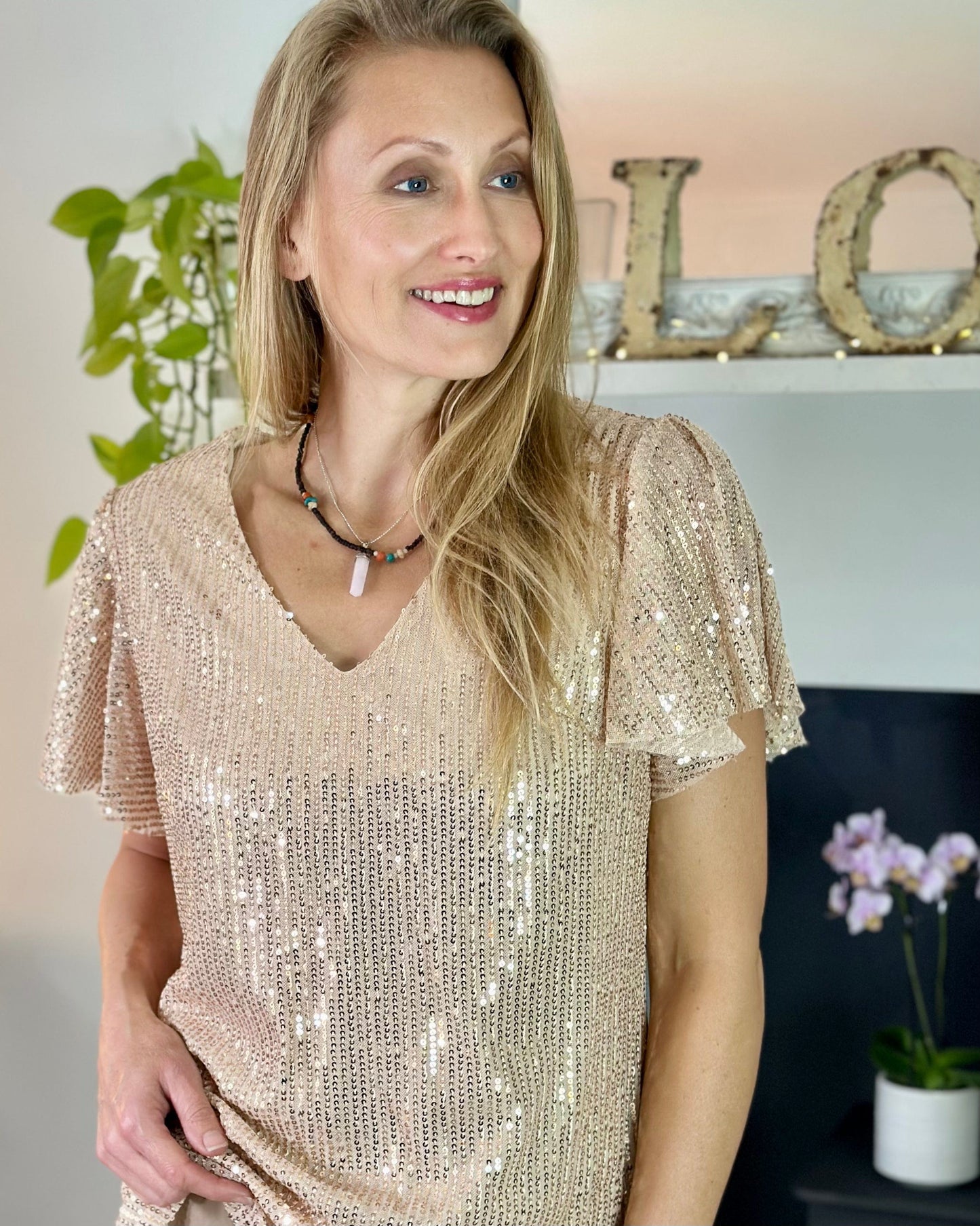 Angel Sleeve Sequin Top - Gold