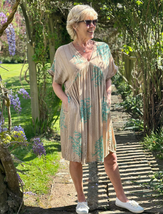 Boho Coral Dress - Taupe/Turquoise