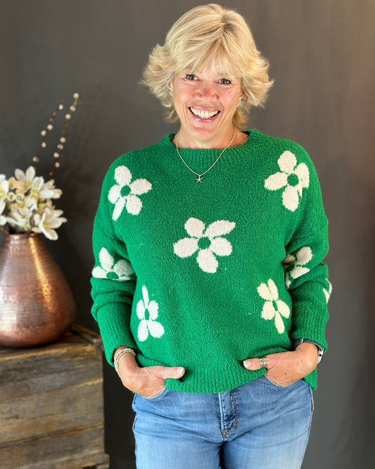 Boucle Knitted Flower Jumper - Green