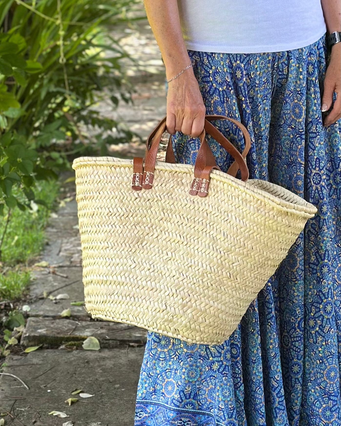 Canvas Bag French Market Straw Bag With Leather Handles - Natural/Brown