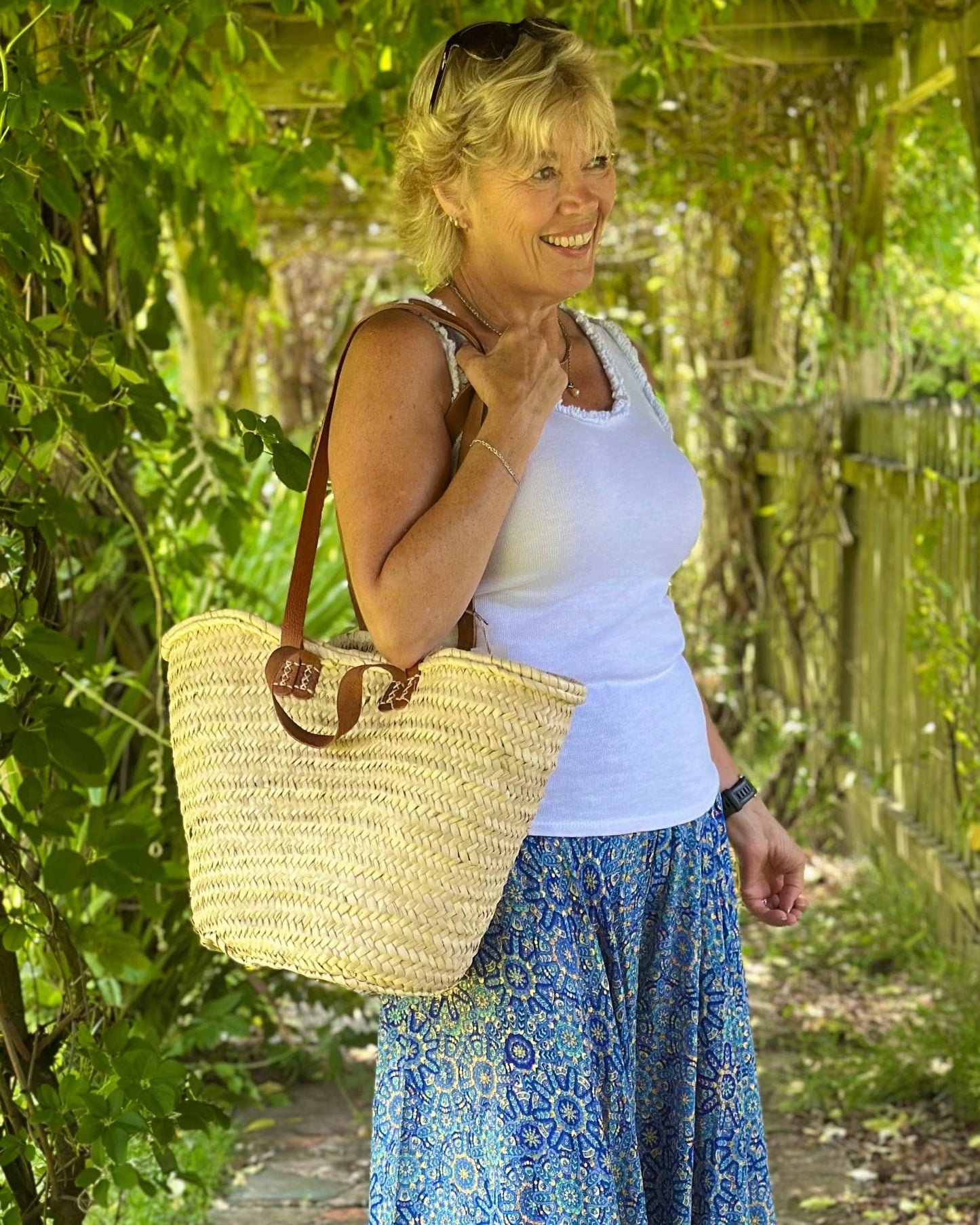 Canvas Bag French Market Straw Bag With Leather Handles - Natural/Brown