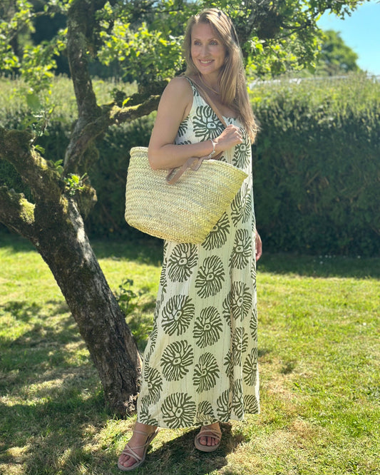 Canvas Bag French Market Straw Bag With Leather Handles - Natural/Pale