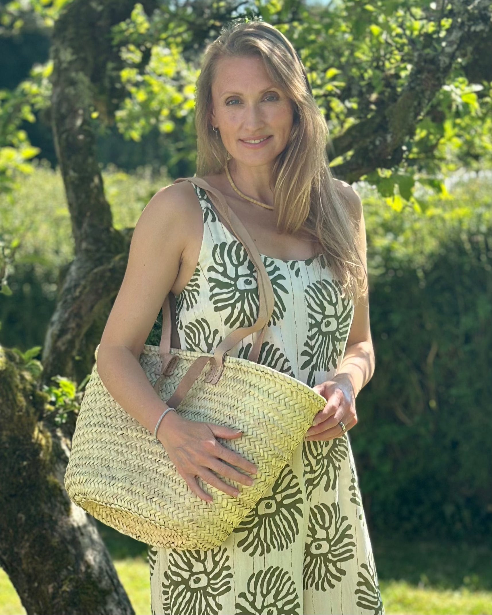 Canvas Bag French Market Straw Bag With Leather Handles - Natural/Pale