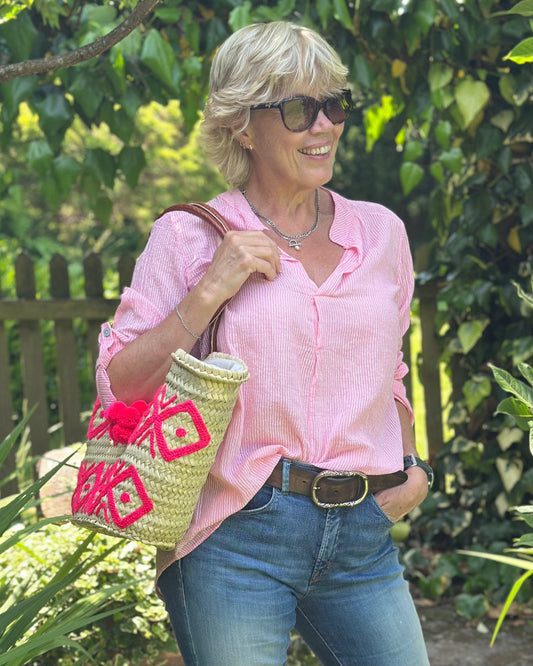 Canvas Bag Moroccan Embroidered Basket With Tassels - Pink