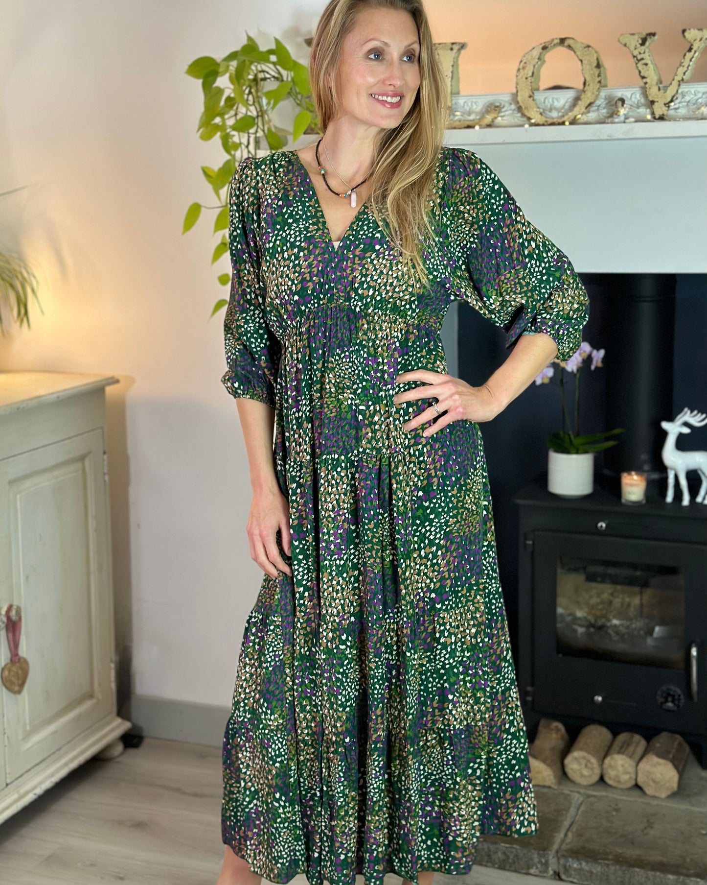 clothing Abstract Print Tiered Maxi Dress - Green